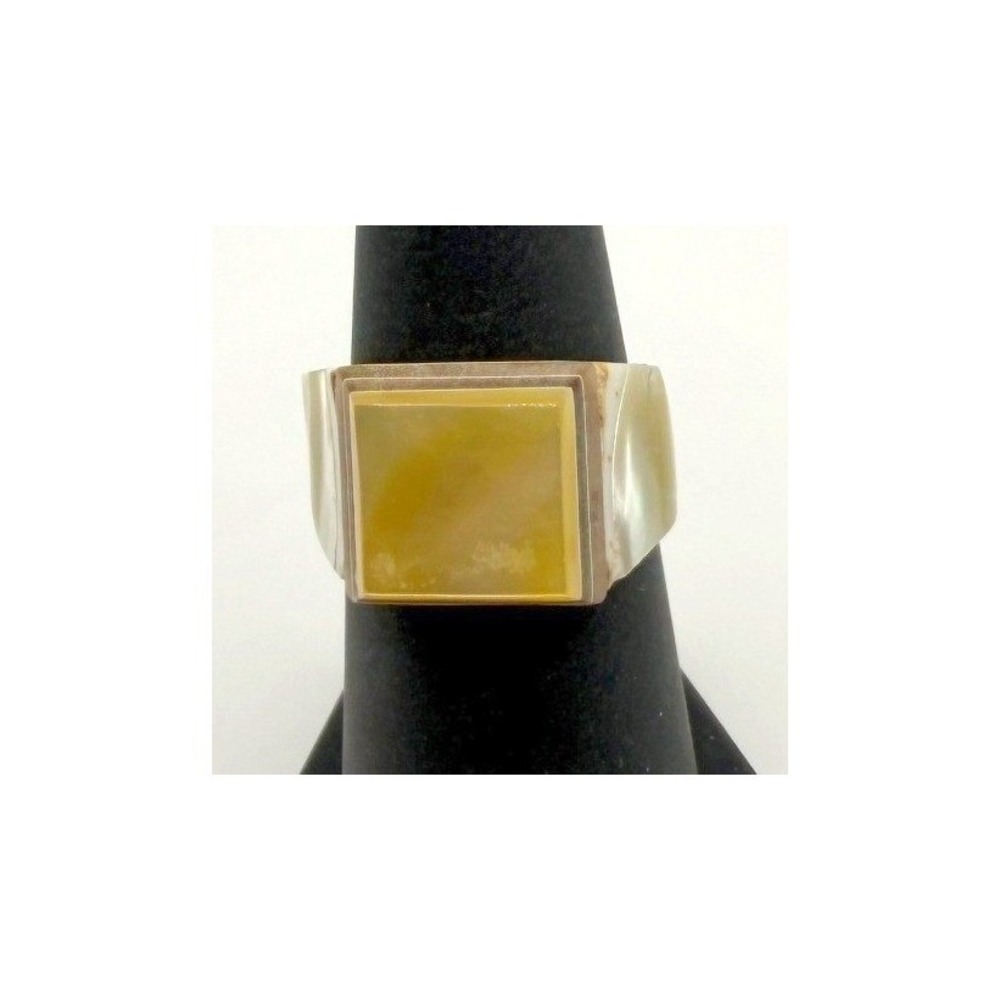 Marbled Yellow Glass Cabochon Ring Gold Statement Ring Size 6